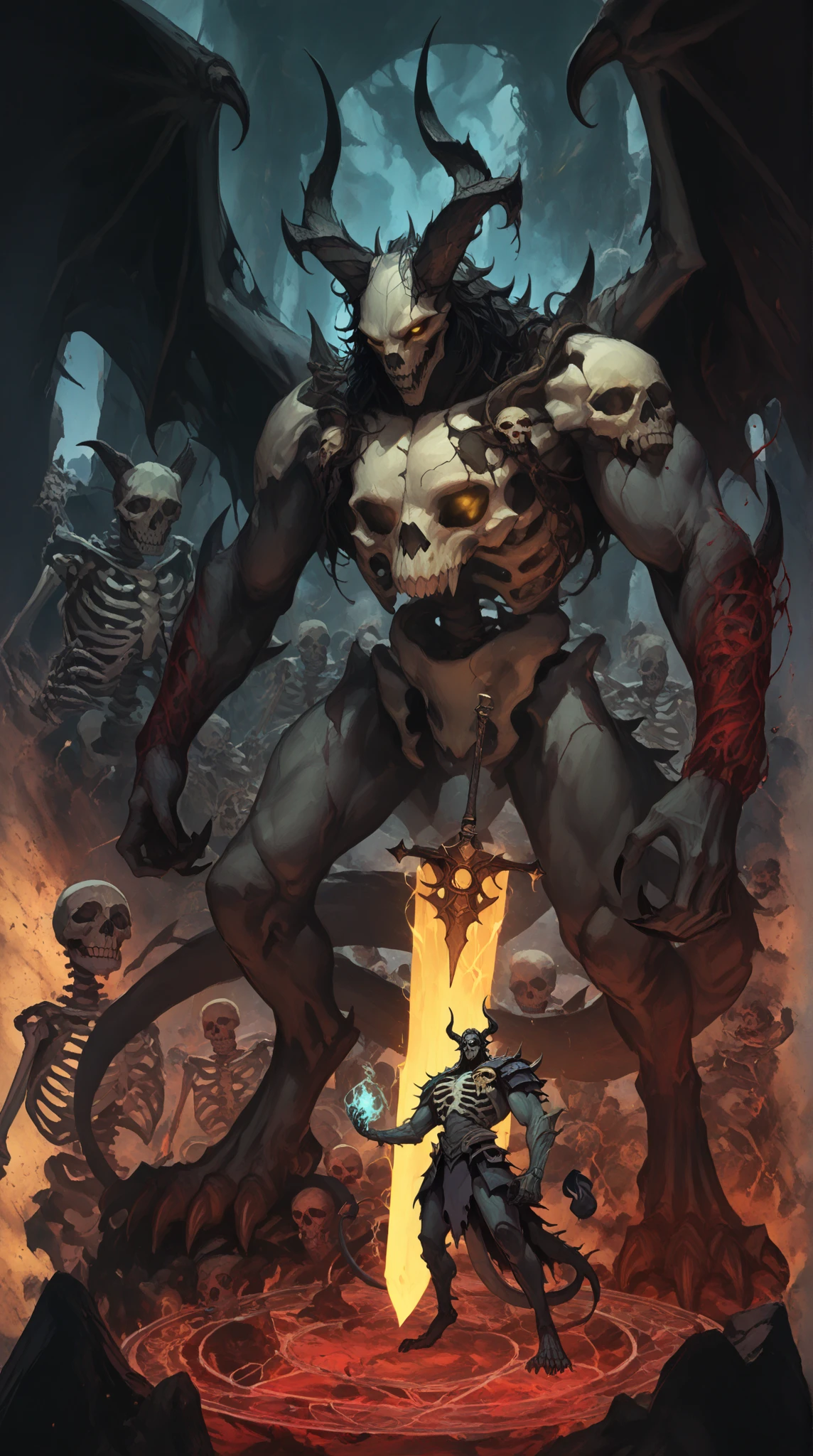 a large skull with horns and a fire in a dark room, diablo digital concept art, diablo concept art, photorealistic dark concept art, dark concept art, symmetrical epic fantasy art, gothic epic library concept, detailed game art illustration, highly detailed concept art, detailed digital concept art, dark fantasy concept art, detailed digital 2d fantasy art, detailed game art