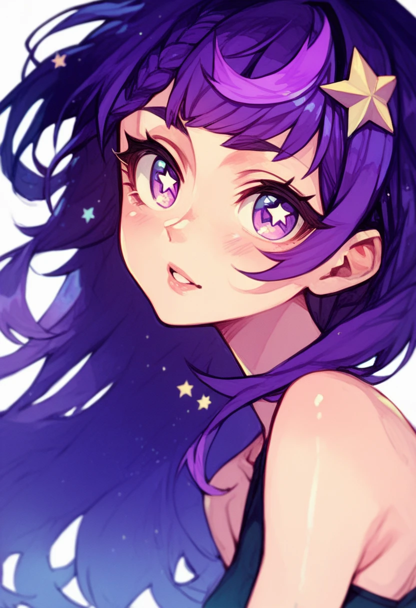 1 girl, cute face, messy curly hair, violent color eyes, 