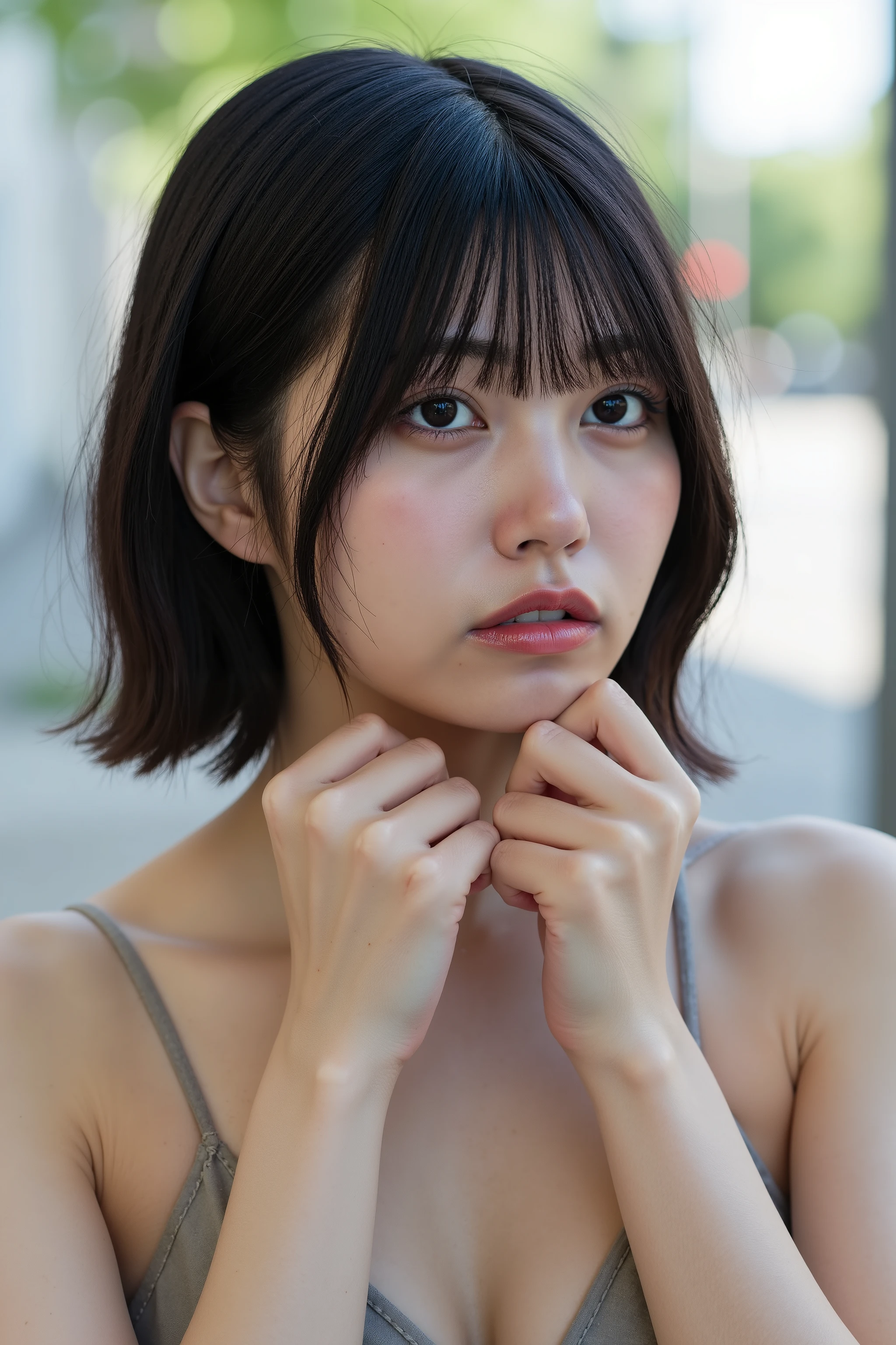 a high resolution photograph of a Japanese young woman, (photo-realistic, realistic, masterpiece, best quality), Intricate details, extremely detailed, ultra high definition, 8k, film grain, lens flare glow, sharp focus, professional lighting, nude shoot, solo, 1girl, (naked, flat chest), profile, pale skin, bob cut glossy hair with bangs, detailed face, detailed eyes, sophisticated nose, seductive eyes and lips, sensual face, close up, (She puts both her hands on her nipples to hide the nipple:1.5), detailed hands, detailed fingers, anatomically correct proportion, outdoors, public indecency, exhibitionism, humiliated, frowning, embarrassed,
