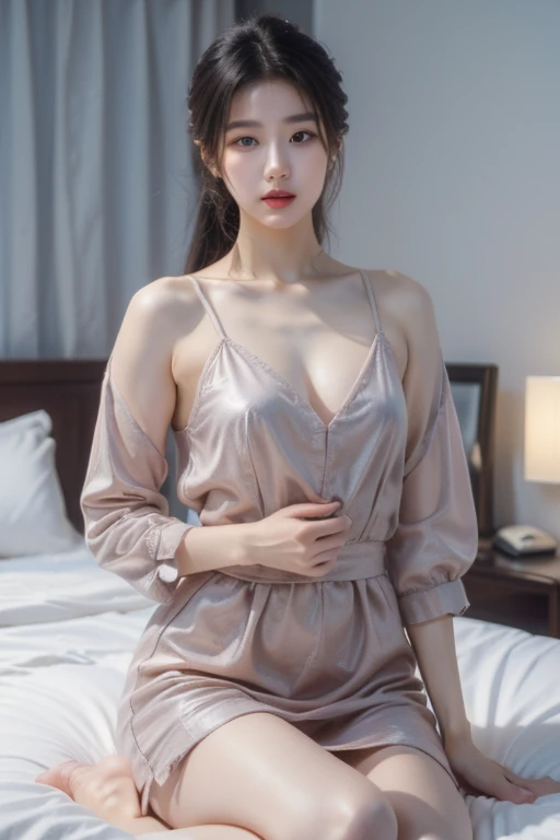 (((best quality, 8k, masterpiece: 1.3))), (((drop medium size tits))), satin pyjamas , long sleeve pyjamas, low lighting, night detailed lighting,waist shot, cameltoe, trouser pulled so tight, thigh gap, erect ass, toned curvy body