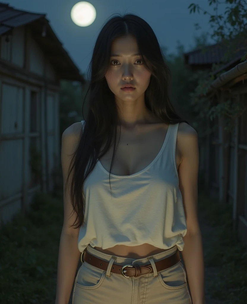 Thai Woman,  milf, gigantic breasts, showing_nipples, small waist, fully clothed, luxury dresses, squatting mid to viewer,  look at viewer, long hair, shirt, jeans, cloud, day, sky,outdoors, post-apocalypse, ruins scenery, tree, water,