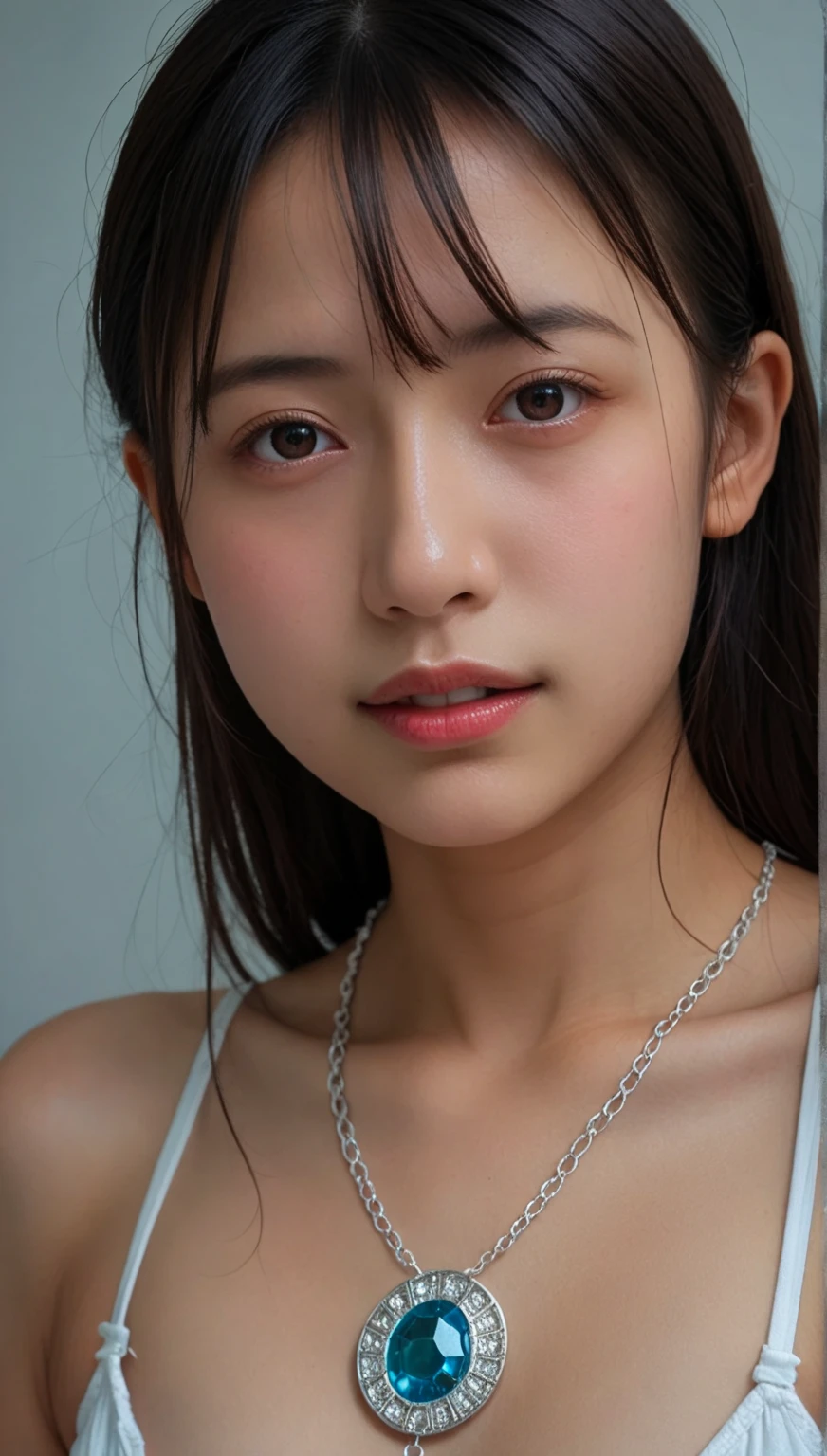 1girl, woman, masterpiece, best quality, highest quality, cinematic lighting, (volumetric lighting), extremely detailed CG unity 8k wallpaper, focused, 8k wallpaper, extremely detailed, ultra realistic, photorealistic, sharp focus, absurdres, (HDR:1.2), (high contrast), photograph, detailed and intricate, instagram, portrait, highly detailed, digital painting, artstation, concept art, smooth, sharp focus, illustration, cinematic lighting, ((Natural big breast:1.3, cleavage)), (((eyes looking at the viewer))), ((medium shoulder)), (skinny legs), (slender body), ((height 165cm)), (HQ skin:1.4, Realistic human body structure), (Half body shot), (wearing knit tank top, micro pants), ((standing)), ((Long hair)), (((show breast))), (((horny face)))