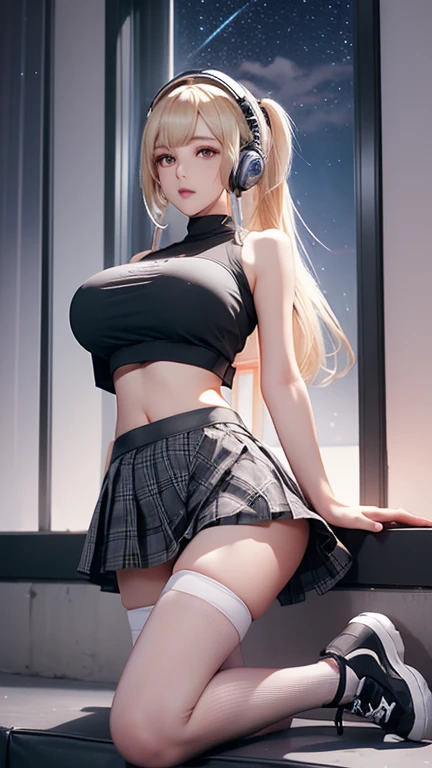 Full body photo of e7 MLuna, squatting, legs spread, (wearing blue schoolgirl uniform)(high waist skirt)(Pink shirt) blush,shiny_skin, small breasts, upskirt, deep cleavage, perfect breasts out of bra,Hourglass Body,Thin waist (Intricate, High Detail,Perfect lighting,perfect shadows, dramatic)(realistic:1)(beautiful face,detailed skin,detailed eyes:1)(realistic pupils,realistic iris:1) (gradient_background)
