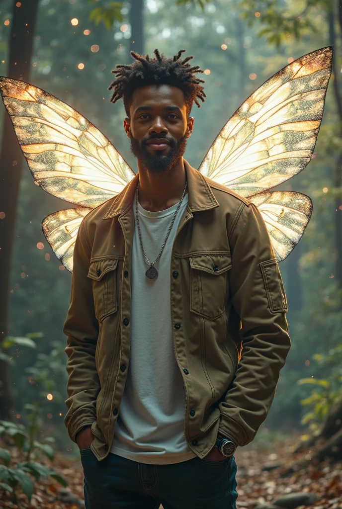 Fairy male black man with orange and gold details, large wings, detailed face, detailed hands, detailed legs, detailed fingers, detailed hair, detailed eyes, detailed skin, lush vegetation blurred background, vibrant colors, lush light, soft light, sunset light, smooth light, symmetrical, full body, reflections, dynamic HDR lighting, 8k resolution, cinematic film, smooth, sharp focus, realistic, strobe light beams,  ((blurred background)):1.7, (((depth of field)) ):1.8, cinestill 800t 35mm, high quality, heavy grain, high detail, cinematic composition, dramatic light, anamorphic, ultra wide lens, hyperrealistic --auto