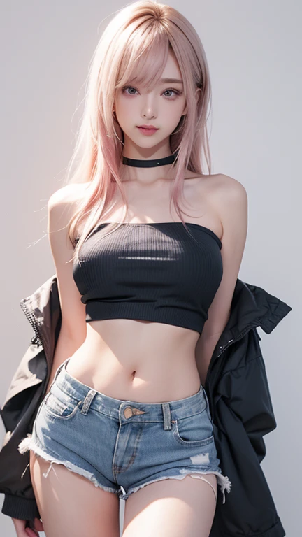 muste piece, best quality, illustration, Super detailed, fine details, High resolution, 8K,wall paper, perfect dynamic composition,(Details High quality, realistic depiction of eyes:1.3), facial features, crop top, denim shorts, choker, (graffiti:1.5), paint splatter, arms behind back, against wall, looking at viewer, armband, thigh strap, paint on body, head tilt, ponytail, pink hair color, Big Natural Color Lip, perfect body shape, sexy pose, crying a little、cold gaze, Harajuku style、20 year old girl、cute type、lolita, hposing Gravure Idol, full body photo、focus on crotch, huge breasts, (standing)