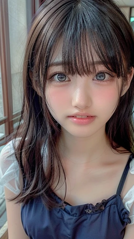 absurdres, (masterpiece, best quality), (ultra-detailed), extremely detailed,super high resolution, (Top Quality photorealistic Illustration), (Super Definition), (best quality,masterpiece:1.0),(cute illustration:1.3), (high Saturation:1.2), highres, ultra-detailed, 32k,8k resolution, intricate details, cinematic scene, detailed background, Soar (High chroma),(Sparkling),bathroom, BREAK (1 girl) (kawaii:1.6), (cute:1.6), Beautiful and delicate eyes, Delicate and beautiful face, Facial accents, Perfect figure,(open shirt:1.6), (show off nipples:1.6), (exposing bare breasts:1.3), (exposed chest:1.3), (medium breasts:1.3), (small areolas:1.4), Uniforms、bright expression、short bowl cut、Young shiny shiny white shiny skin、Best Looks、Natural black hair with dazzling highlights、shiny light hair,、short hair, silky straight hair、Beautiful bangs that shine、Double eyelids、eye liner、Glowing crystal clear attractive big brown eyes、Very beautiful nice cute 14 year old Nordic girl、