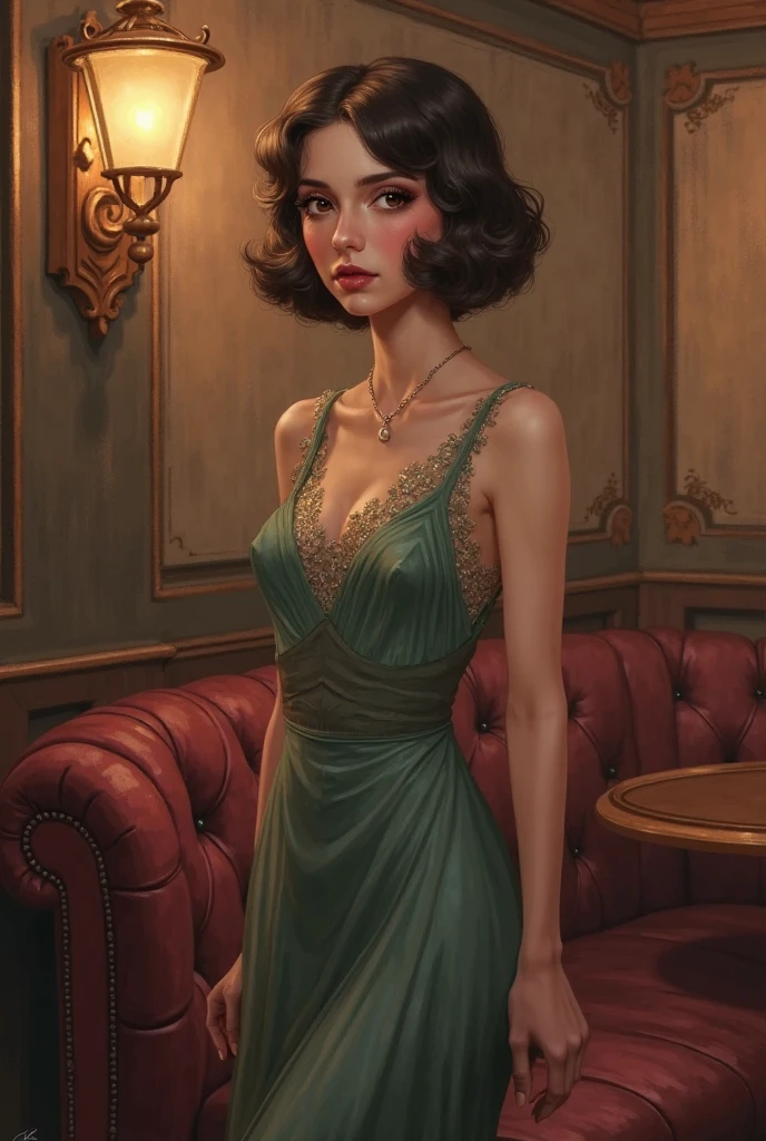 Bewitching green eyes Vivien Leigh in green and white dress sitting on a couch in front of a window, an art deco painting inspired by Art Frahm, tumblr, figurative art, art deco painting, baroque painting. star lit sky, art deco portrait, stars in her gazing eyes, hildebrandt, realistic art deco, francine van hove, celestial goddess, fantasy realism, blue night