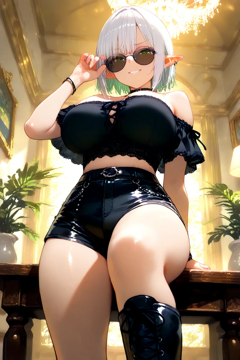 amicia michella - nijisanji, naime style 1girl, (((bimbo))), brown short hair, yellow inner hair, wavy hair, green eyes, (((bimbo))), thin lips, painted lips, midriff, shy smile face, wide hips, thick thighs, huge round ass, curvy accentuated booty, shiny oily breasts, a pair of lacy black boyshorts and a frilly top adorned with sparkles, full body, mall, nsfw