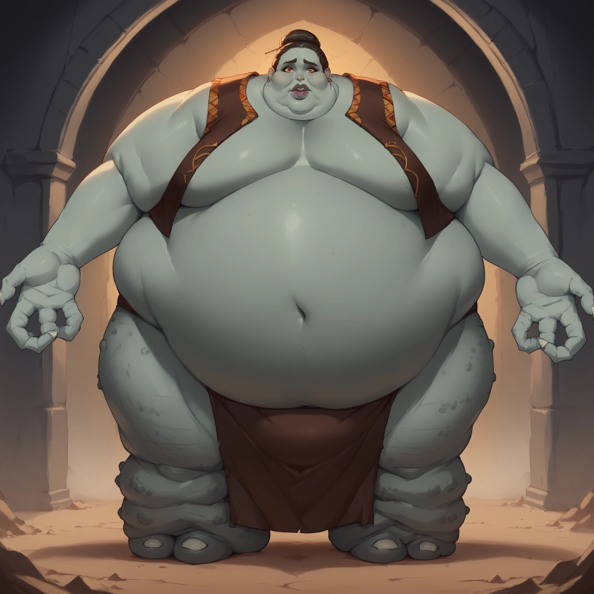 Girl, troll, monster, giant, Fat_neck , Fat head , eyes with crushed cheeks , nose with crushed cheeks , mouth with crushed cheeks , chin roll, size difference, giant hands, giant feet, fat, chubby, obese, gigantic arms and legs, gigantic breasts, sagging breasts, full body shot, fat face, chubby face, double chins, big lips, loincloth, fabric clothes, holding a giant battle club