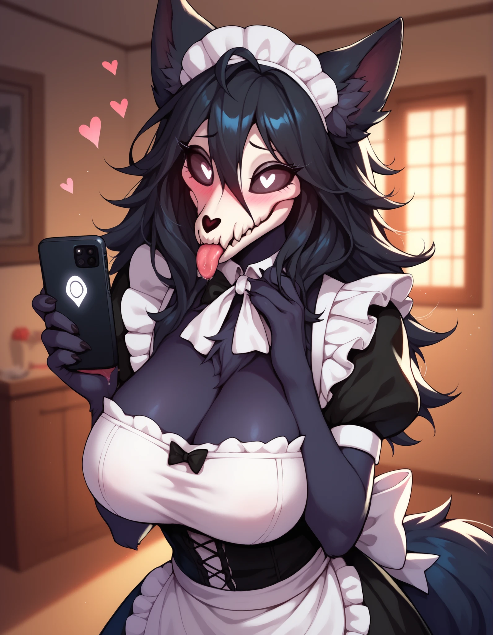 JiangshiT, yellow eyes, tongue out, colored skin, zombie pose, black sclera, ofuda, long fingernails, VivyA, 1girl, best quality,best resolution,(fluffy anthro furry :1.6),(young :1.6),cat girl,small breasts,light hair,long hair,wavy hair,curvy hair,light pink fur,pink eyes,glistering eyes,sparkle eyes,circle glasses,heart collar,maid outfit,maid headdress,maid gloves,ruffles,beautiful cafe,white light,looking at viewer,full face blush,horny face,smile,heart eyes,heart expression eyes,open mouth,straddle viewer,girl on top,low angle,front view,heavy breath,hands on viewer