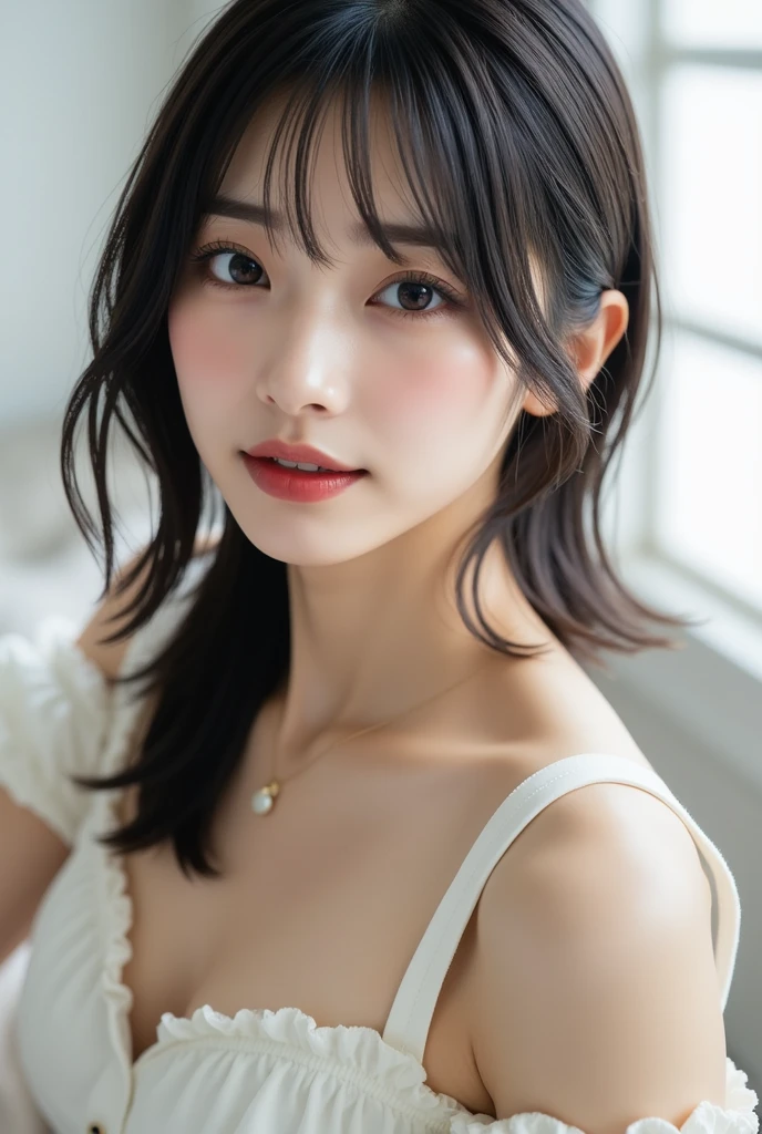 (8k, RAW Photo, Best Quality, Masterpiece:1.2), table top, Ultra Detail, Super Resolution, (Realistic, Realistic Photo:1.37), Portrait, High Detail RAW Color Photo, Professional Photo, Extremely Detailed and Beautiful, Extremely detailed, 8k wallpaper, amazing and detailed, huge file size, official art, highly detailed CG unity 8k wallpaper, highly detailed beautiful girl, highly detailed face, highly detailed eyes, highly detailed skin, highly detailed fingers, highly detailed nose, very detailed detailed mouth , perfect anatomy, highly detailed background, highly detailed clothes, 1girl, ,cute girl, realistic body, fair skin, glowing skin , slim body, handsome body, black hair , short hair, (blunt bangs:1.2), smile, cute, youthful, cute face, realistic face, delicate eyes, drooping eyes, looking at viewer, facing front, standing posture, Contraposto, dynamic lighting, ((face closeup)), (medium chest), (Perfect Body Proportions), (slender Body Proportions), (bedroom), super sexy pose, ((lingerie)),