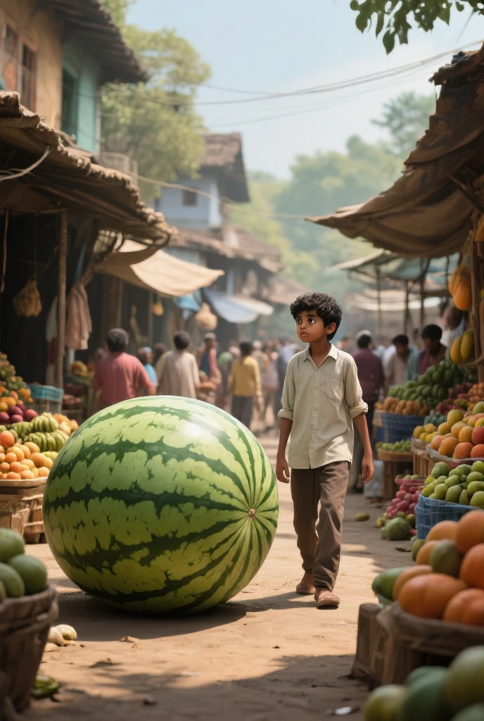 a child on his back, carrying an entire watermelon on his head down a village street