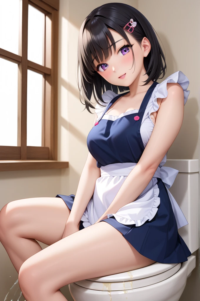 Stepmother wears a blue mini dress, stands with her back to the viewer, puts her upper body over the kitchen counter, stretches her butt towards the viewer, the dress slides up and reveals her butt. she stands with her legs apart, looks over her shoulder to the viewer, she wears a red lacy thong, seductive look, provocative posture, aroused 