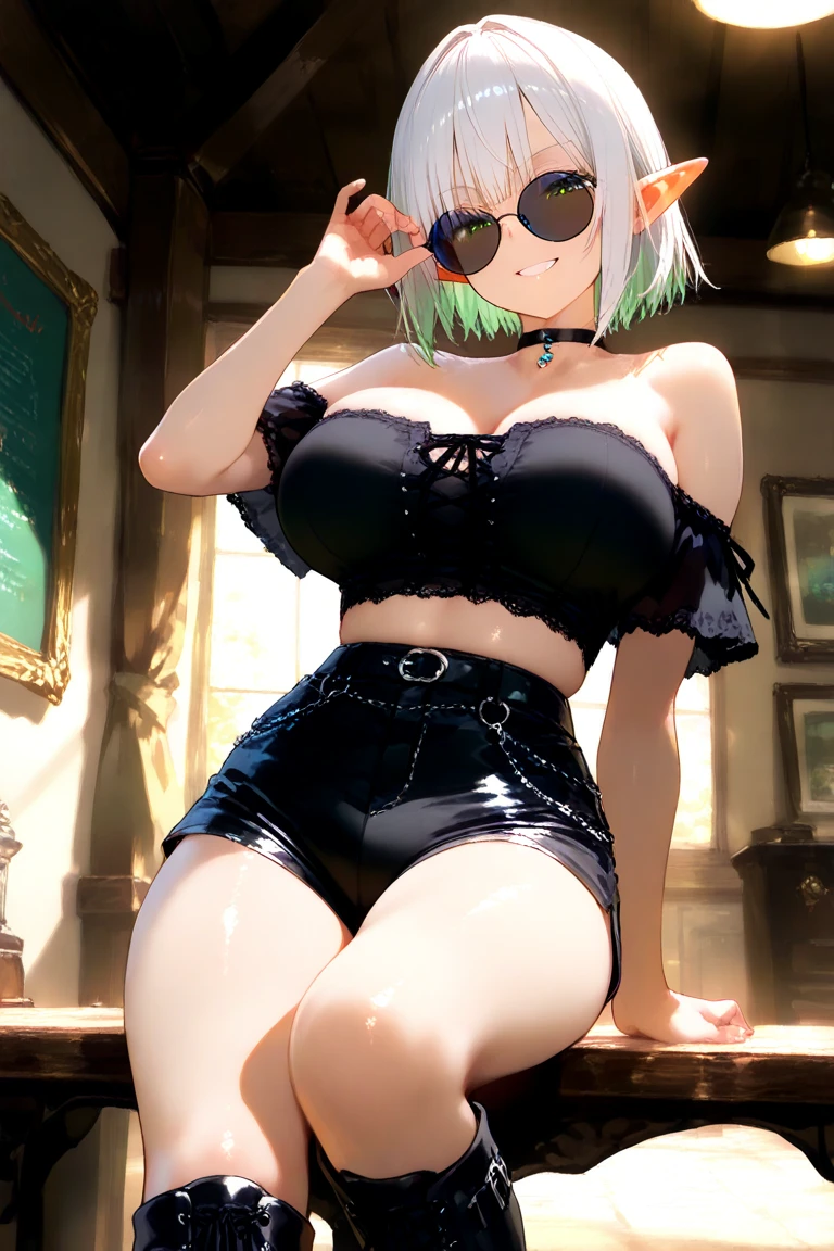 (from below:1.2),(from side:0.9), ((cute Face)), (Close-Up:0.6), ((looking at viewer, holding a icecream)),(Italian sweets magazine cover:1.4), highest quality、(real、photorealistic:1.5),(ultra high resolution, ubel,dark green hair,long hair,side ponytail,hair between eyes,bangs, (beret, black jacket, open clothes, cleavage, midriff, black shorts, black thighhighs, thigh strap, fingerless gloves, single glove:1.2), (double breasted,under bust:1.2), sitting at a table, cute, anime visual of a cute girl, cute anime girl, eating cakes, young anime girl, guweiz, high quality anime artstyle, anime girl, artwork in the style of guweiz, beautiful anime girl, pretty anime girl, (anime girl), official artwork,(with sparkling eyes and a contagious smile),her thin pubic hair, looking at viewer, pose muy sexy"