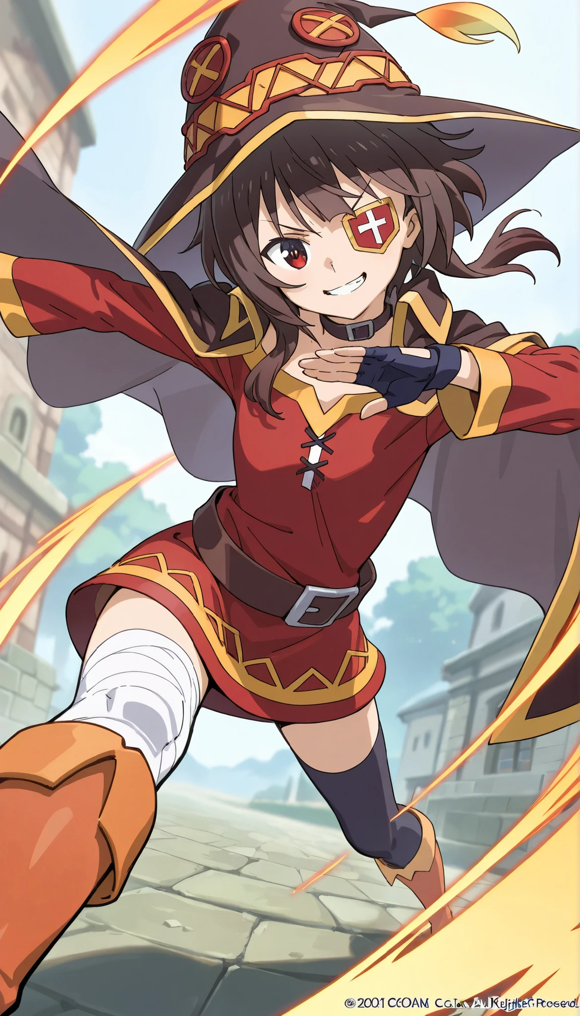 ((Best quality)), ((masterpiece)), (detailed), Megumin_(konosuba), dynamic angle, grinning, defiant pose, eyepatch