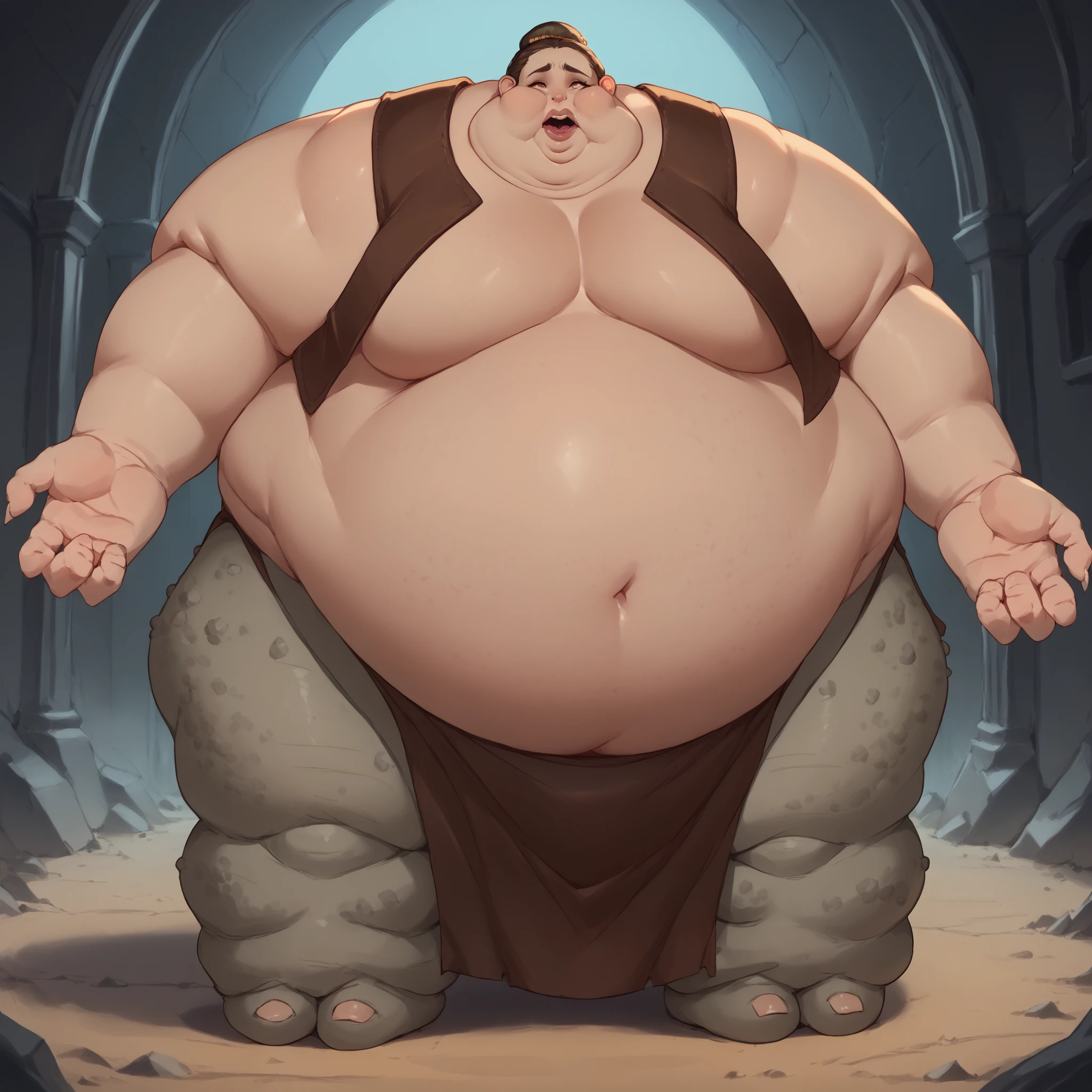 Girl, troll, monster, giant, Fat_neck , Fat head , eyes with crushed cheeks , nose with crushed cheeks , mouth with crushed cheeks , chin roll, size difference, big ears, big nose, big mouth, wide mouth, giant hands, giant feet, fat, chubby, obese, gigantic arms and legs, gigantic breasts, sagging breasts, full body shot, fat face, chubby face, double chins, big lips, loincloth, fabric clothes, holding a giant battle club