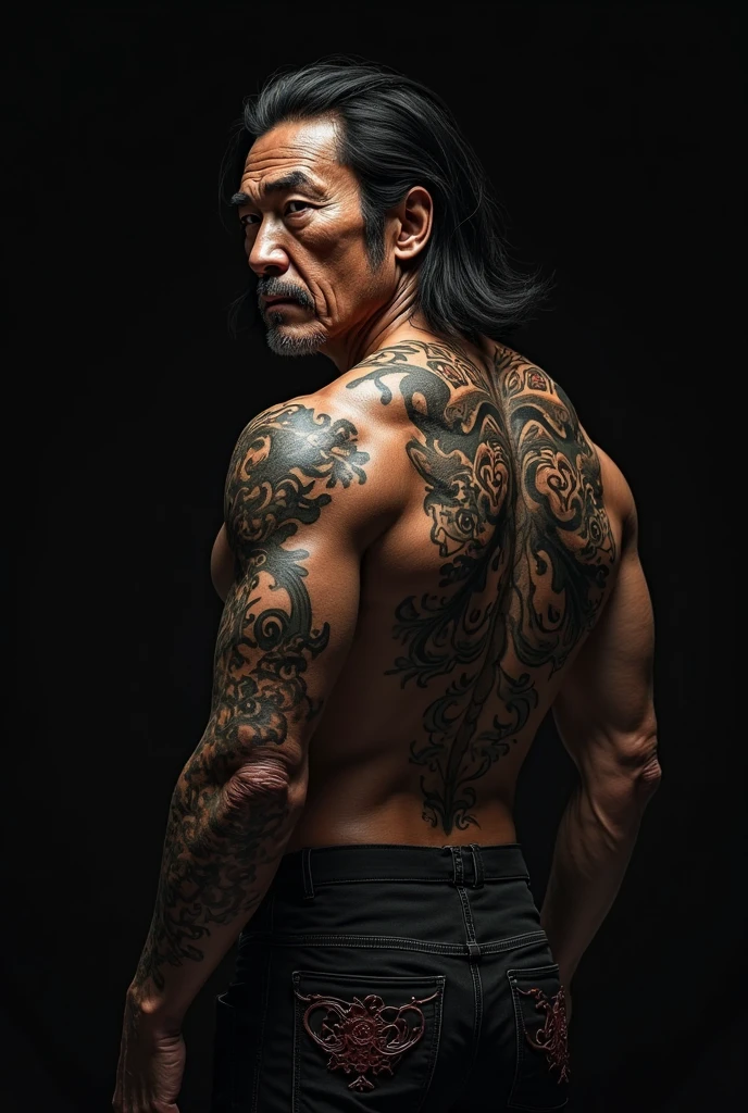 50-year-old western white male, bonito, short black hair with gray hair, Face with short beard, black eyes,sneezing nose , full and red lips ,From a serious gesture   , with an athletic and proportionate body , bare torso with a tattoo of a colored dragon, white martial arts pants,black belt, at a traditional oriental martial arts academy, the image is of the FULL BODY TYPE AND REALISTIC at a distance in the middle of the street 
