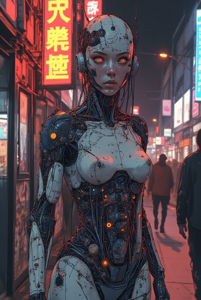 Woman's cyborg walking down the street in a crowd of people in the big city, defile show, high quality, best quality, absurdres, masterpiece, beautiful, intricate details, 1/2 body crop, slim body, beautiful figure, magnificent anatomy, (intricate details:1.12), HDR, (intricate details, hyper-detailing:1.15), (natural skin textures, hyper realisitc, soft light, Sharp:1.2)