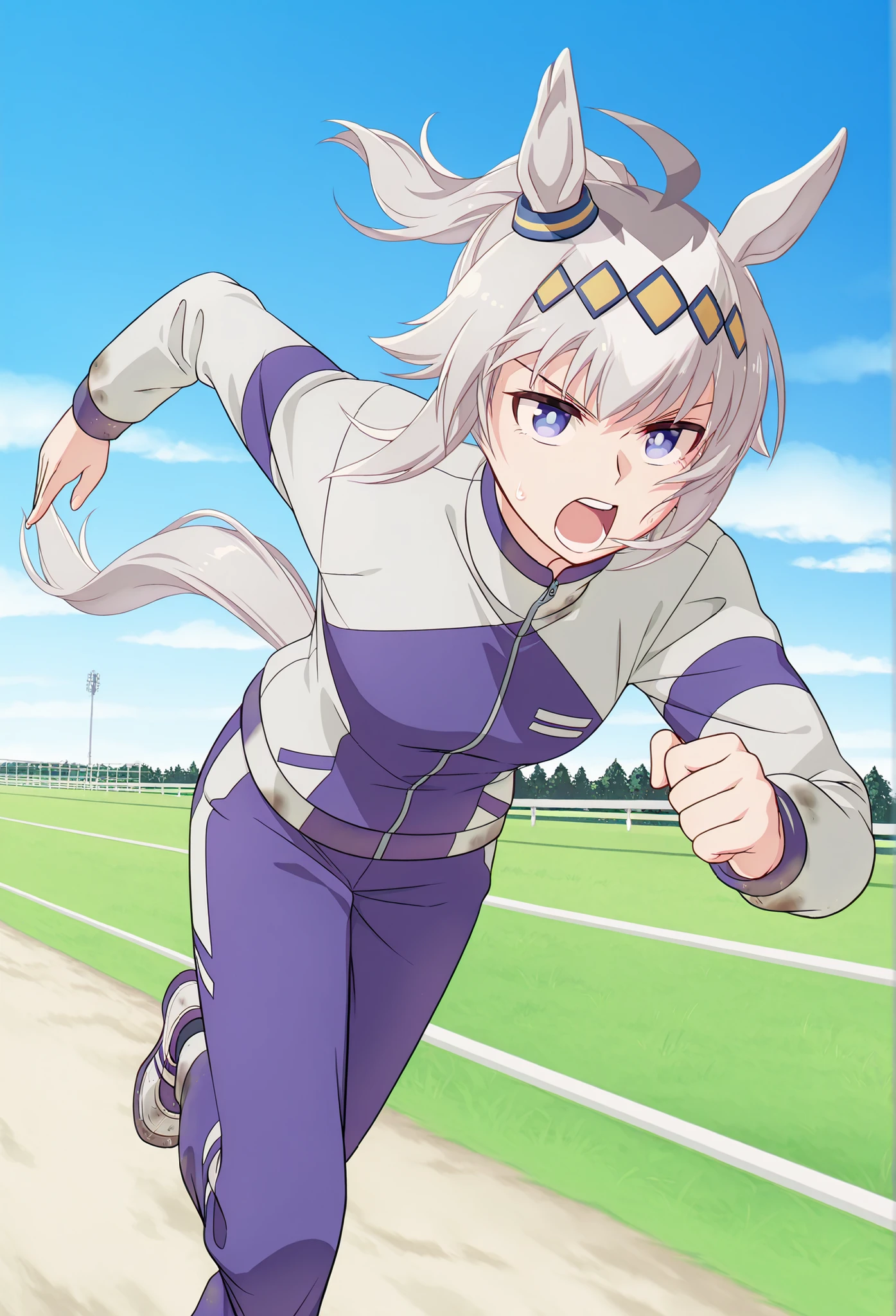 oguri cap \(Uma Musume\), running, solo, horse ears, tail, horse tail, open your mouth, jacket, stupid hair, ponytail, pants, long sleeve, cloud, null, track jacket, Outdoors, chest, day, different hairstyles, blue null, shoes, purple pants