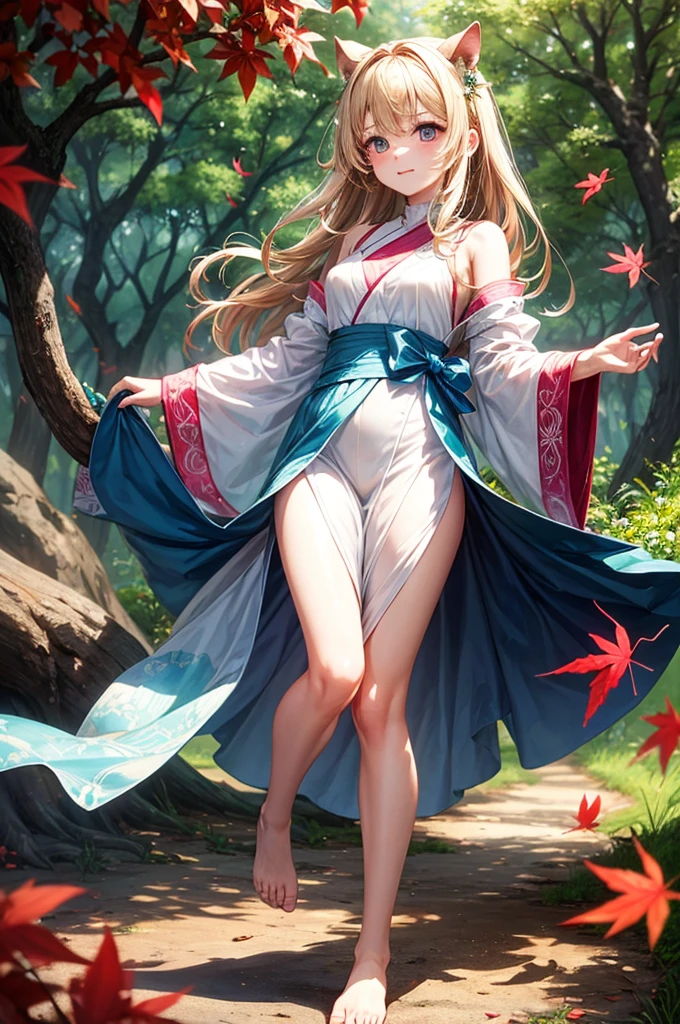 A beautiful young woman, 18 years old, grin,grin,((peace sign,peace sign)),wearing a long white maxi dress, socks,short boots,with long flowing blonde hair, grinning with a slightly mischievous expression, standing in a serene outdoor setting, sunlight filtering through the trees, (best quality,4k,8k,highres,masterpiece:1.2),ultra-detailed,(realistic,photorealistic,photo-realistic:1.37),detailed facial features, beautiful eyes, nose, and lips, intricate fabric textures, natural lighting, cinematic composition, vibrant colors, fantasy,ethereal