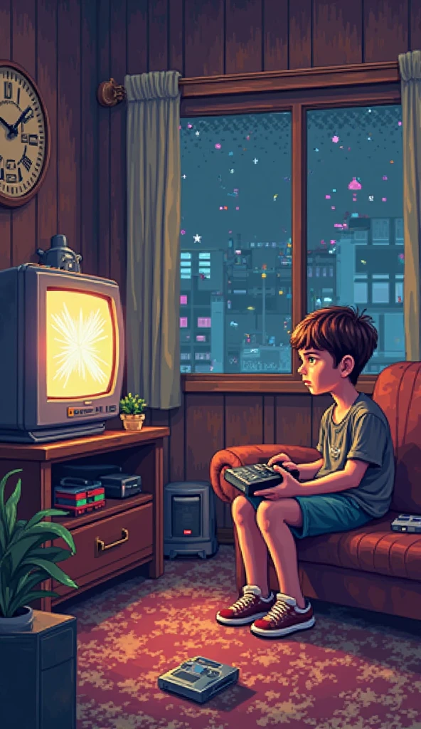 Comic of a boy with his back turned watching TV playing video games, in an environment from the 90s, that a simple spaceship game without text is displayed on TV