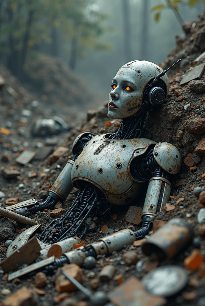 An abandoned robot,lying in a cluttered garbage heap,The remnants of machines are exposed in metal debris and sludge,very dilapidated,seems to be engulfed at any time。The surrounding environment is dark and humid,all over the place with all kinds of metal parts and rusty waste,creates an atmosphere of desolation and despair。This image of hopelessness、The sad and  scene is distressing,makes people think about the human attitude towards their own creations。high quality,Realism,conceptual art,sci-fi,4K,8K,high resolution,Master Works,Ultimate Details,Realism摄影,physical rendering,major,bright and colorful,Bokeh