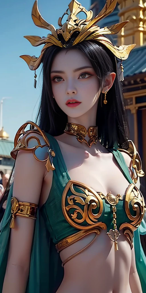 8k，High -level, absurd, masterpiece, best quality, primitive, very detailed CG, very detailed wallpaper, perfect lighting, Jitome, lips, makeup, desert, broken temple, wh_chi_armor,