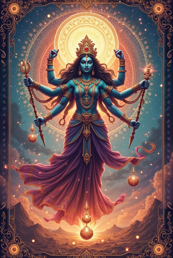 Creat a Card with designs in the outlines.Red background with blue front wishing everyone a HAPPY MAHALAYA from JJ WELLNESS SOLUTIONS,With MAA Durga's image in the middle