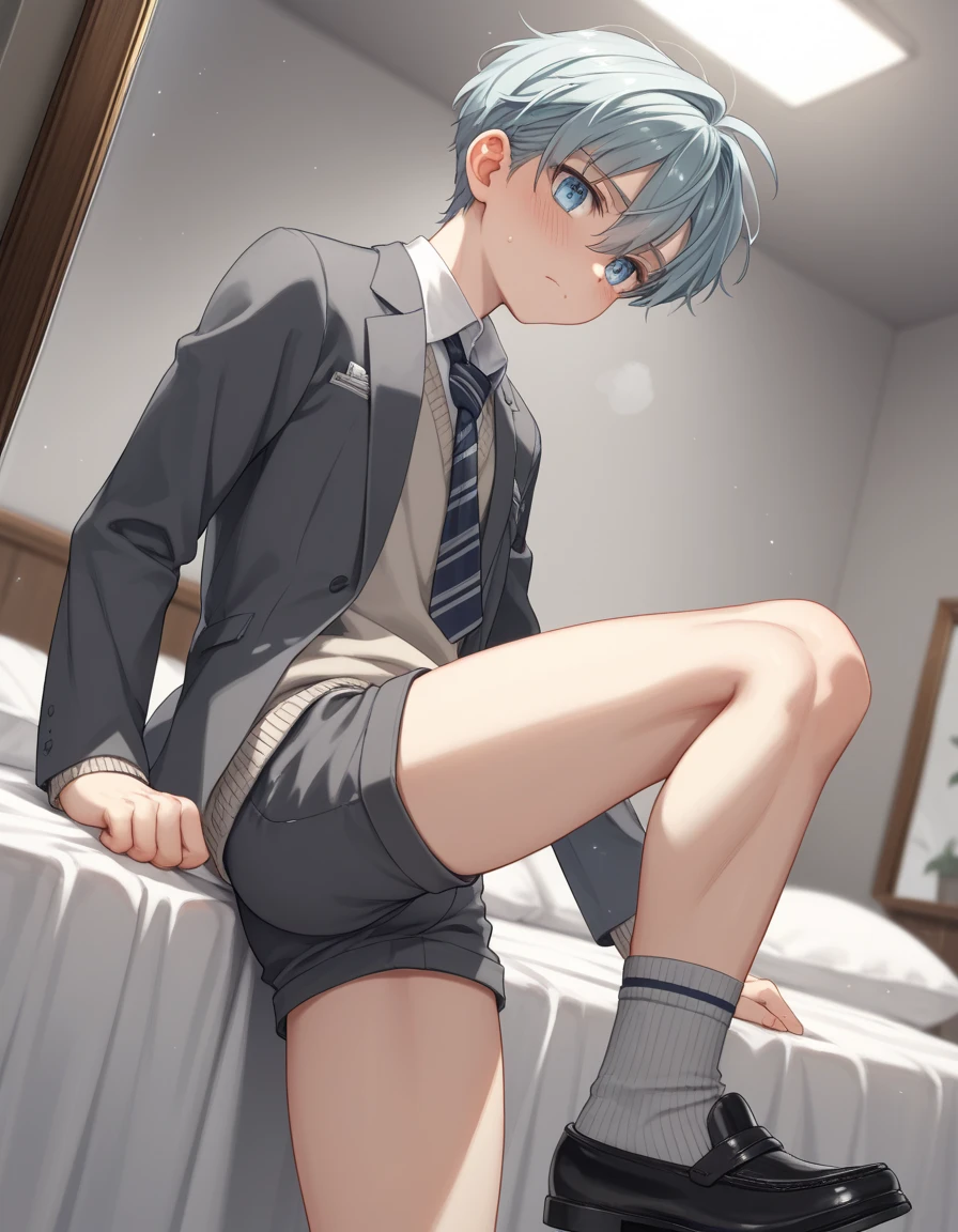 Kimishima Ikuto、17 years old、（1:boy)、(Hairstyle:Silver short hair,Silver Hair、Wet Hair)、Slanted Eyes、Brown eyes、Perfect Anatomy、(Leaning forward),hands on knees、Small Ass、Wide Eyes、Open Mouth