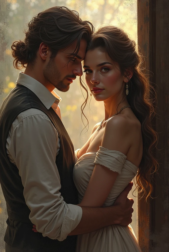 The poor man, huddled together with his wife, in a dimly lit room, their faces illuminated by the soft light of a lamp. The man's ragged face was etched with lines of worry, his clothes were tattered and tattered. (in an atmosphere of poverty) His wife, with kind (blue eyes and a smile long straight brown hair, perfect big breasts and split colth), reached out to comfort him, her hands revealing the intricate details of her worn, yet beautiful skin. They sit in silence, their bond unbroken by their (((in a dilapidated hut))) distress, their love evident in their expressions. The scene is a masterpiece of raw humanity, shot in the highest quality, with full attention to detail, a depiction of their life journey. Depth of field highlights the couple,