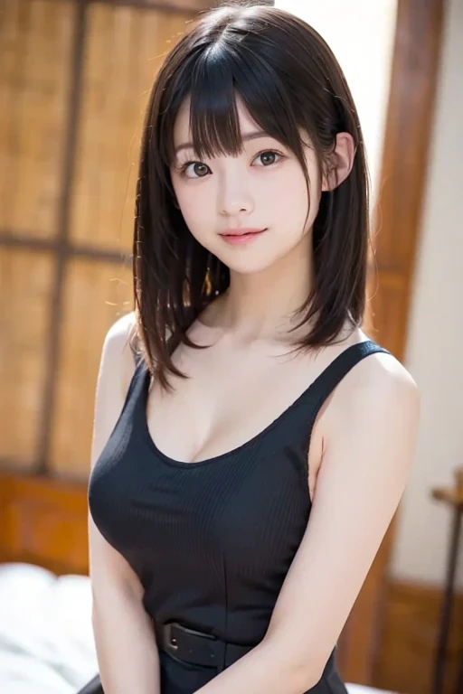 bangss、s lips、without makeup、short eyelashes、watching at viewers、A smile、Photorealsitic、high-level image quality、masutepiece, Best Quality, 8K, Beautie、Fine details