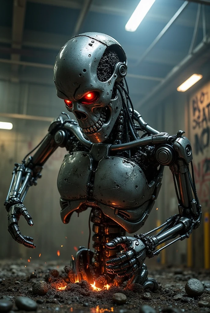 (best quality,4k,8k,highres,masterpiece:1.2),ultra-detailed,(realistic,photorealistic,photo-realistic:1.37), a heavily armed female android modeled after a terrifying demonic appearance, evil android, dark futuristic science fiction, hyper-detailed, cinematic lighting, dramatic chiaroscuro, muted color palette, intricate mechanical details, ominous atmosphere, intimidating presence, mechanical limbs, glowing red eyes, sharp fangs, sinister expression, advanced weaponry, cyberpunk, dystopian, moody