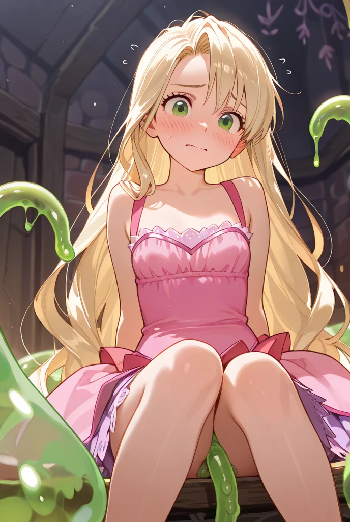 NSFW, young ballerina royal princess girl bound, scared, royal ballet dress, blonde, on a leash, on knees, princess is in a cage, surrounded by green goblins