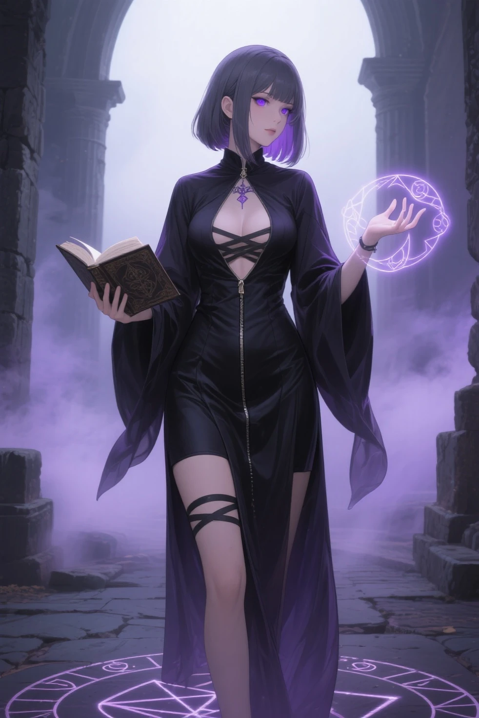 8k, masterpiece, best quality, highly detailed, 1 girl, tiefling, warlock, multicolored hair, very short straight hair green highlight hair on white hair, strippled hair, wearing glasses, round glasses, earrings, navel piercing, miniskirt, red eyeshadow, long eyelashes, blushed cheek, red lips, necklace, rings, collarbone, mole, glamorous, teal clothing, purple clothes, smirk, fullbody view, rings, looking at viewer, demon horns, solo, nightmarish landscape, blue pale moon, standing, cosmic horror, decaying, holding books
