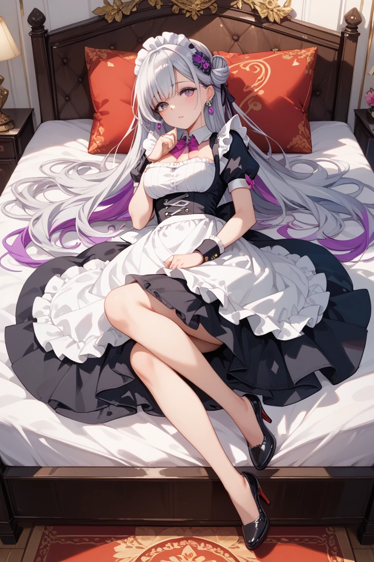 White Gothic dress、Black Onyx、、teens girl、bare-legged、Silver Hair Bob Cut、Orange Gold Eye、Fantasia、White Gothic dress、I don't wear underneath、Black Diamond、peridot、Ametrine、Golden Sapphire、Shoulder out、Armpits are visible、From the top、Show your feet to your audience, Big buttocks,Big thighs、 (Presentation of the legs), From the top ,1girl in, Solo, Medium chest, Side hair ribbon, Sleeveless, sole of feet、Shy laughter、Mole under the eyes、Sleeping in bed pose、Five-fingered、2 arms、2 legs、