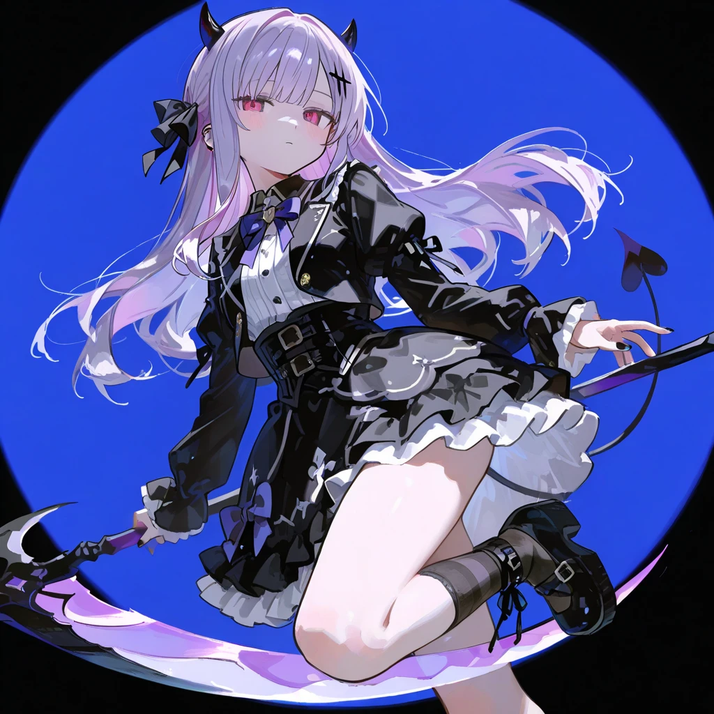 A woman with a scythe, devil's horns, fishnet socks, high quality, huge scythe, Grim Reaper, Neil 2b, slender, high picture quality, Qi bangs, facing the audience