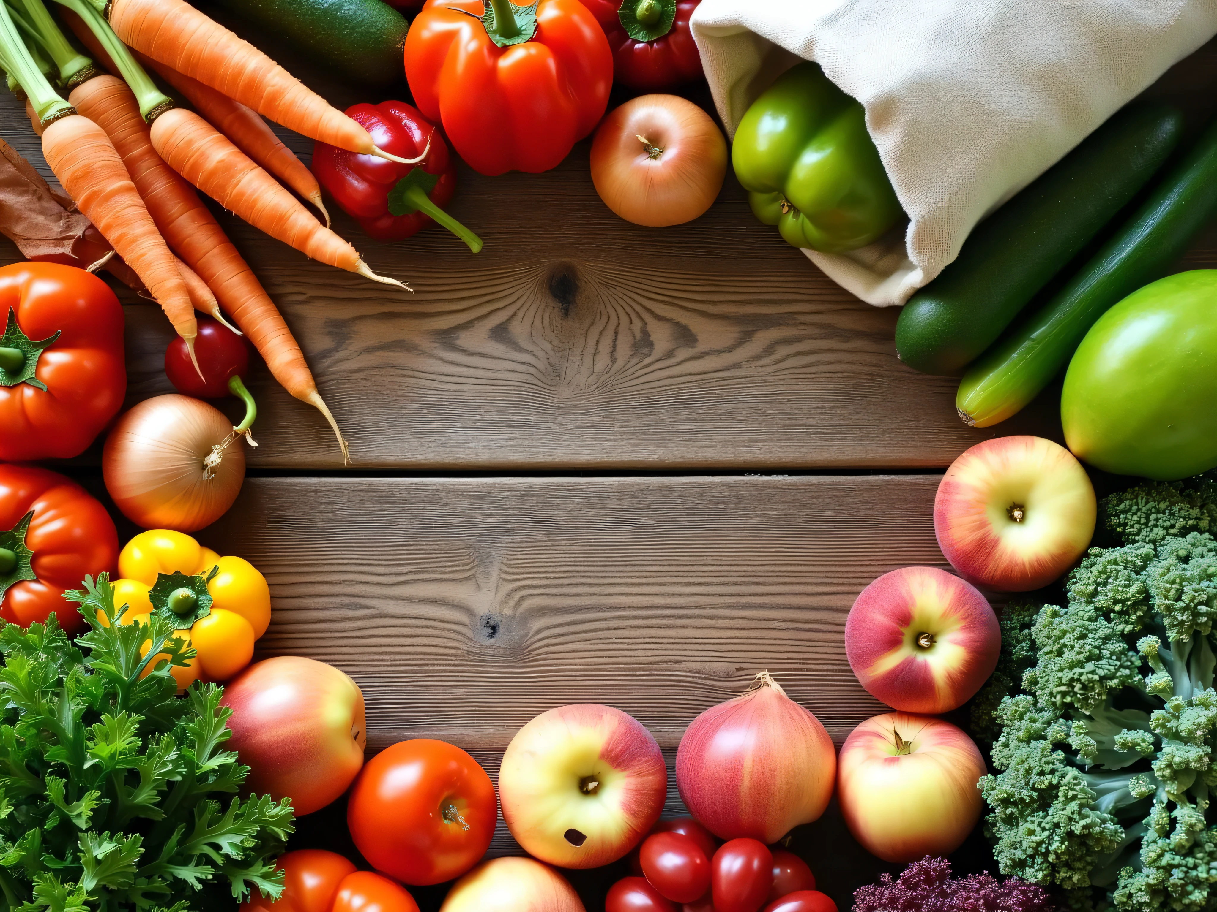 A rustic wooden table top tops the table with a mix of fresh fruits and vegetables in vibrant colors. Including tomatoes, carrots with green tops, peppers, cucumbers, onions, apples, peaches, and greens like kale and spinach. Several reusable canvas bags or crates are also included, evoking a healthy food feel. Natural light and earthy colors highlight the freshness.