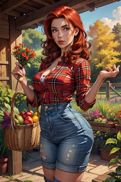 Beautiful Caucasian woman. Fitness body. Big round breasts. Just one woman. Alone. Western woman. Long hair with 1 braid. Purple hair. Bright purple eyes. Woman wearing short denim shorts, a top with a strawberry print and on top she has a denim vest, she has black leather boots. The woman is in a field full of strawberry plantations around her, on a sunny day with a beautiful blue sky. Dynamic light. Dynamic shadows. High resolution. Detailed.