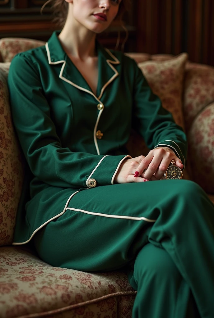 "On a green background,Gold silk knee pads",close-up on legs,high-heels,Wide lobster pajamas,Sit next to the floor mirror,The mirror reflects the proud figure,cinematic photogtaphy