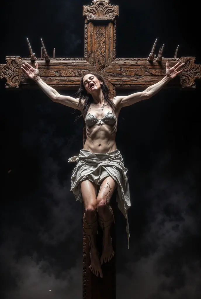 A very beautiful naked Indonesian girl with very hairy armpits and sixpack abs crying while crucified