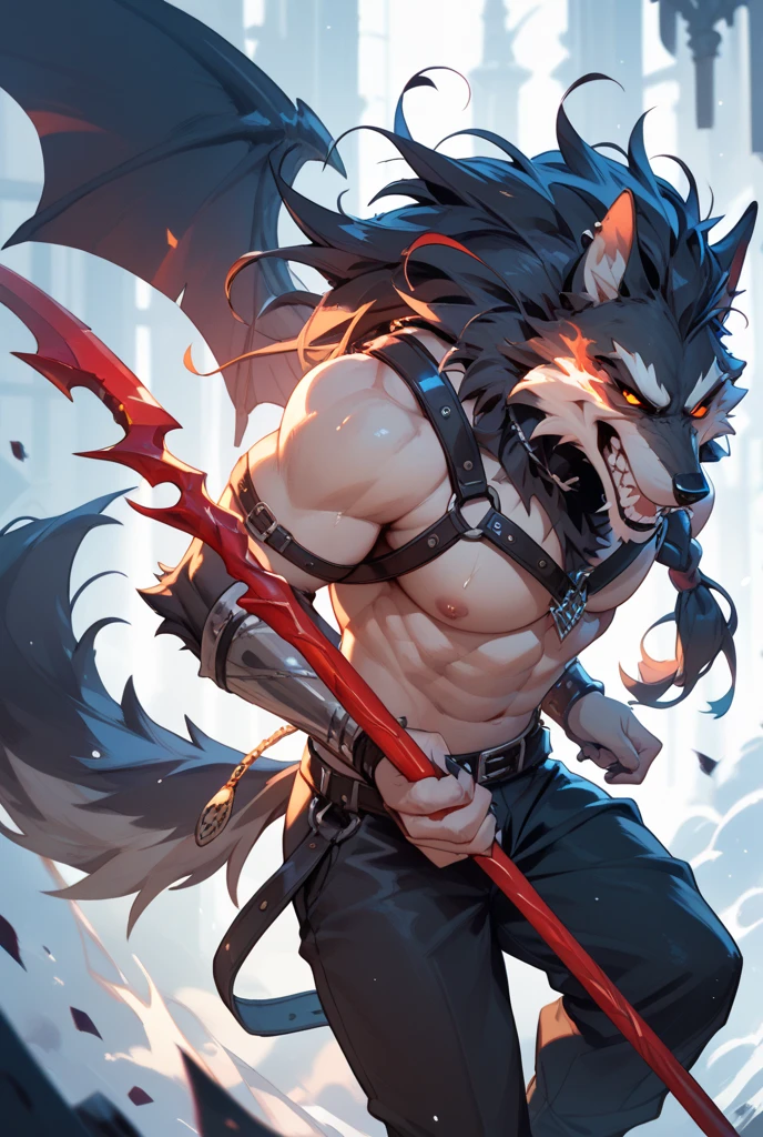 25-year-old male、Fenrir-like werewolf、Sharp Fangs、Fight with a gorgeous black axe、serious expression、Strong body