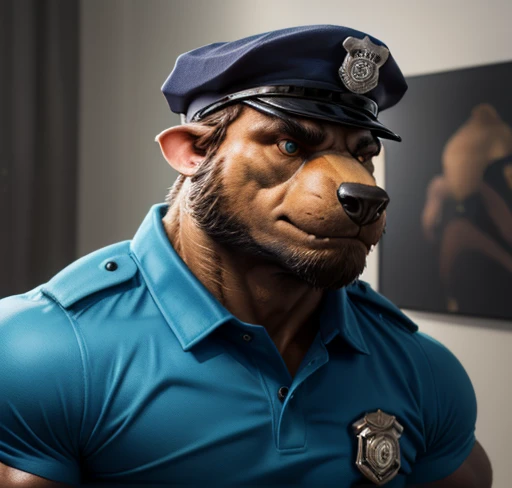 An American muscular furry hyena male 22 years old alone in the outside posing for the camera wearing a police officer uniform color eyes sexy pose hairy male hair looking at the viewer horny expression perverted smile outdoors and a black necktie arms crossed, hyena, booty
