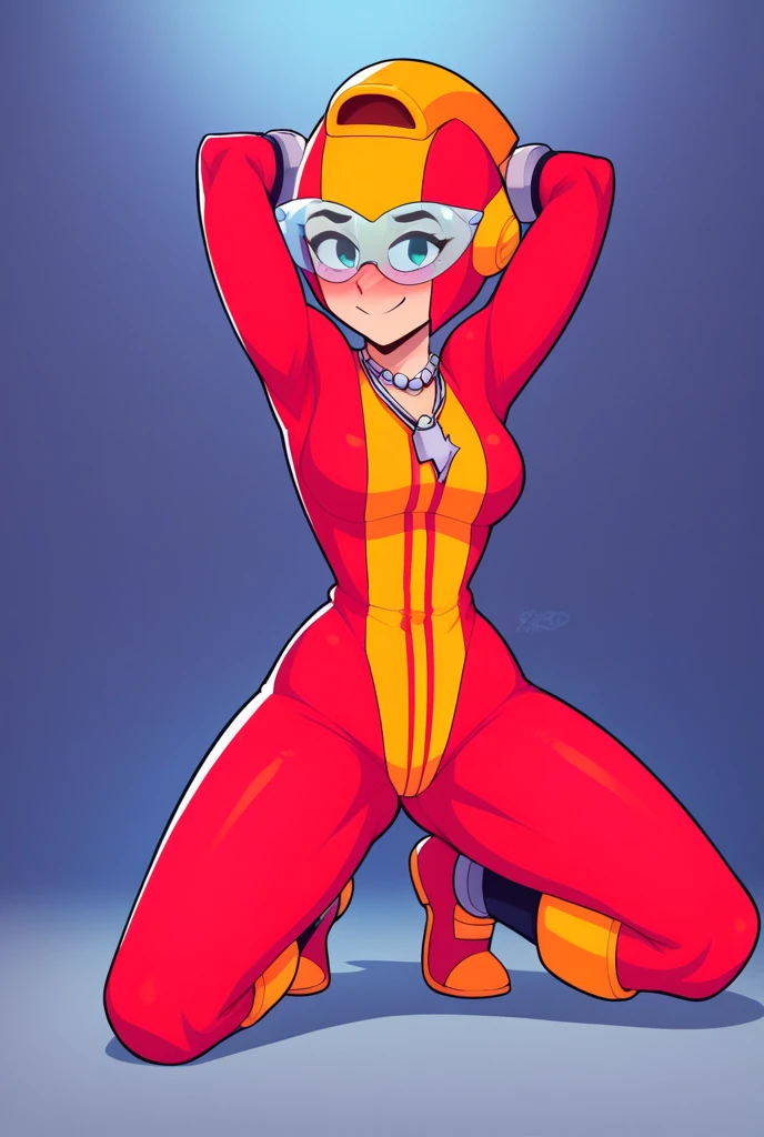 (Masterpiece) (High Detail) (High Res) A short little slim humanoid girl with pale human skin and blue eyes and long blue hair and blue dog ears and a fluffy blue dog tail and average breasts. She is dressed in a superhero costume. A brightly coloured Leotard with gold trim and a large red cape. Pale skin. She looks proud.