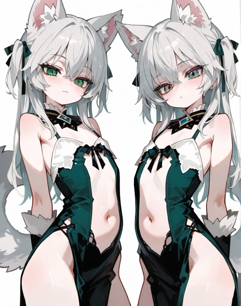 white_hair Droopy eyes Fleeting calm mild cute_girl cat ears Cat mouth green_eye Belt on torso Stand with legs apart Stand with your feet apart Emphasize the chest Emphasis on female genitalia Obedience_girl