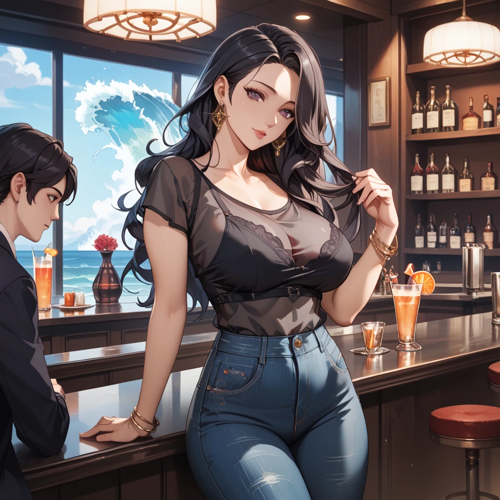 masterpiece, best quality,1girl,young girl,brown eyes, drill hair, evil smile, shiny skin, thin waist, mall, (((long hair))), (curvy), ((wide hips)), ((hoop earrings)), small breads, sexy overalls