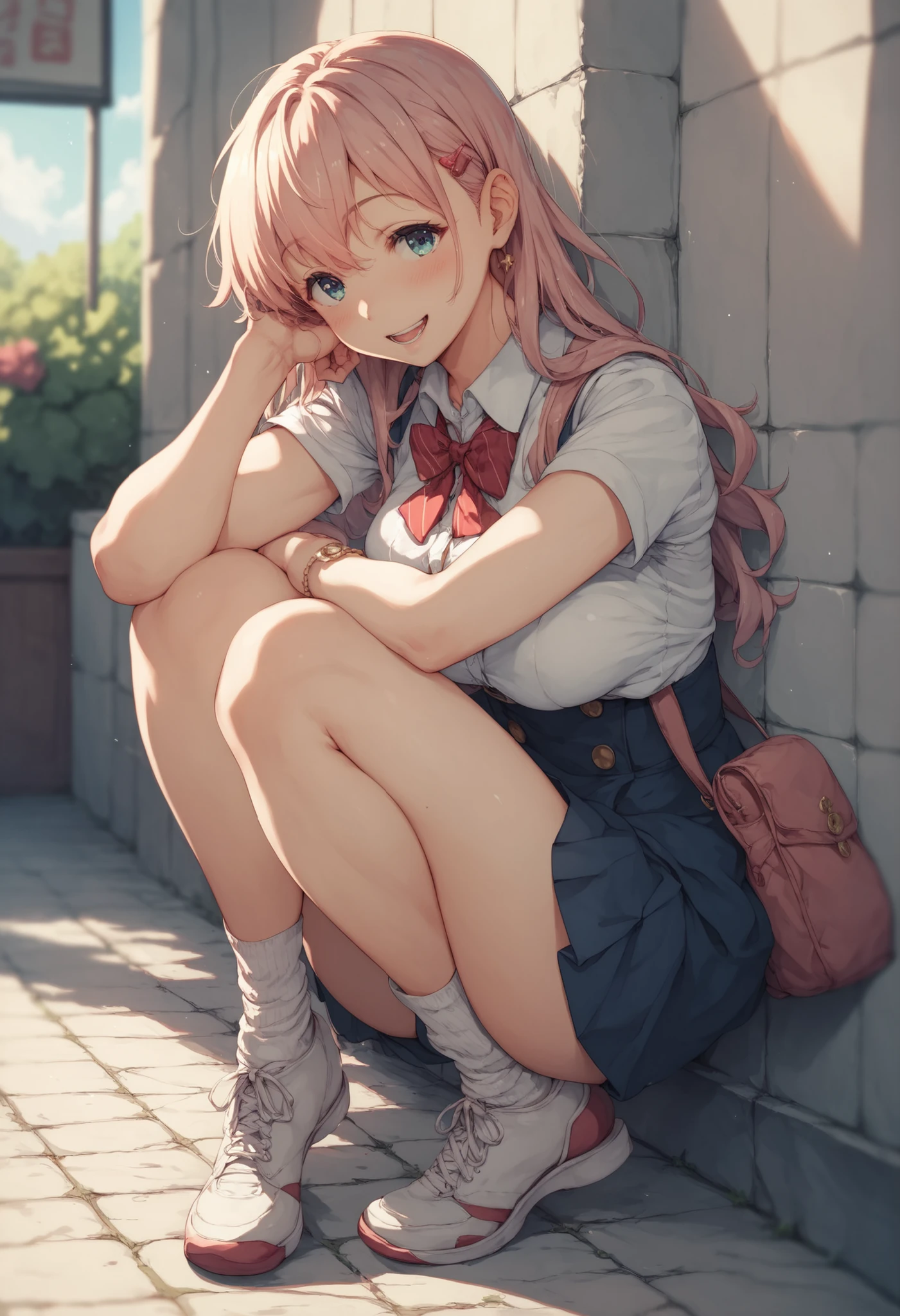 Pink hair and pink tie、anime girl, pink eyes, shy blush、mini skirt、White over-the-knee socks