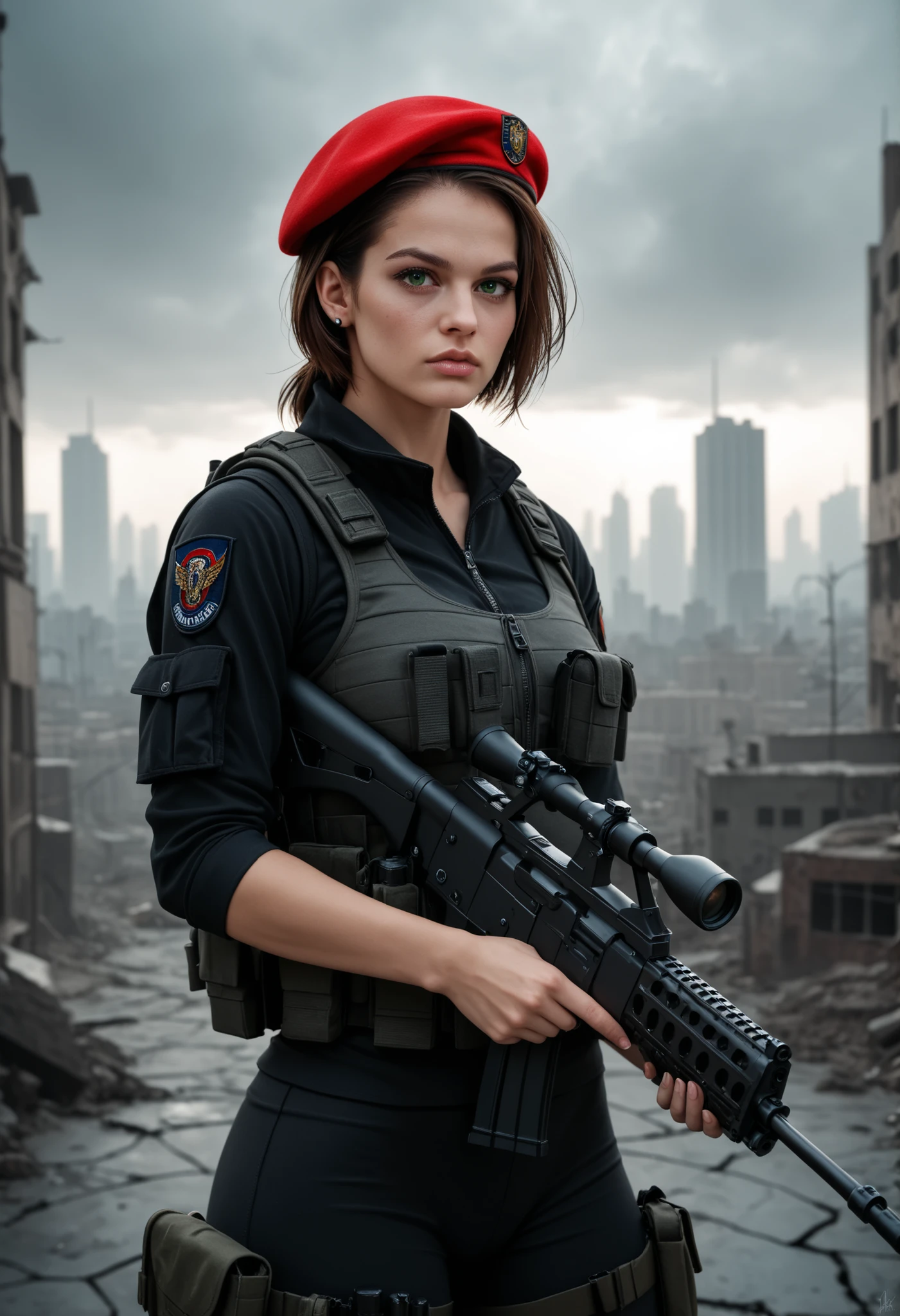 jill valentine, beautiful young woman with brown hair, piercing green eyes, serious expression, wearing red beret, black tactical vest, holding assault rifle, standing in front of post-apocalyptic cityscape, ruined buildings, cracked pavement, overcast sky, 8K, hyper-realistic, cinematic lighting, moody atmosphere, dark shadows, muted colors, gritty sci-fi, digital painting