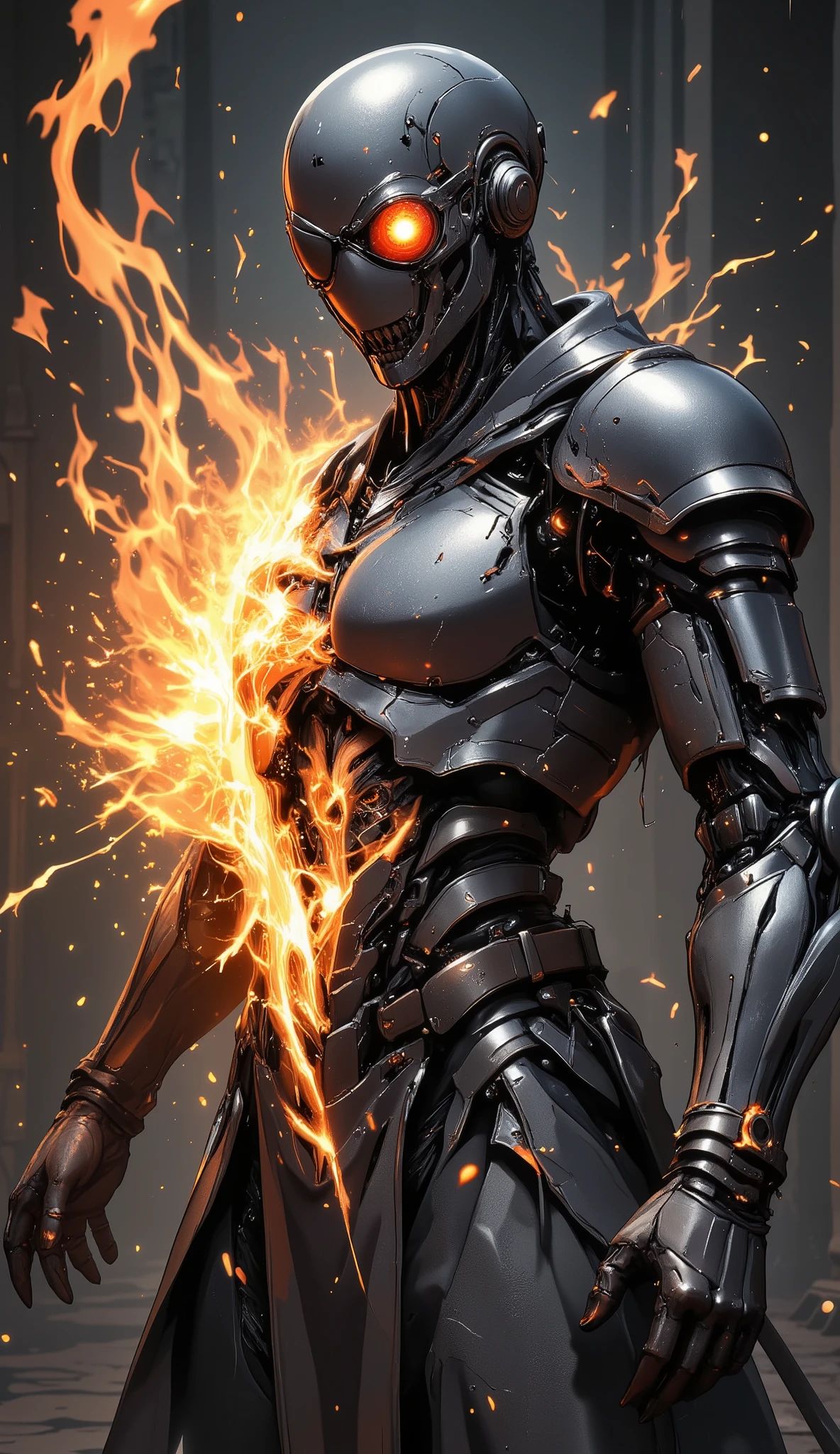 (full body shot),(wrecked android,spark,Eye patch,Red glowing single eye),(Due to damage, the,body without one arm was cut off and cut in half:1.5),Explosive Flame
