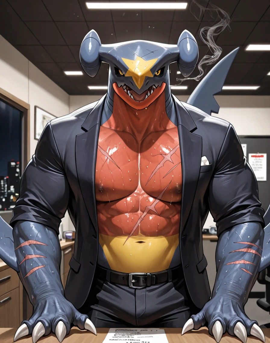 Ghost tiger, muscled with huge pecs , hugge torso , huge arms , with a skull head like  with fire , in suit with a tie ans spikes