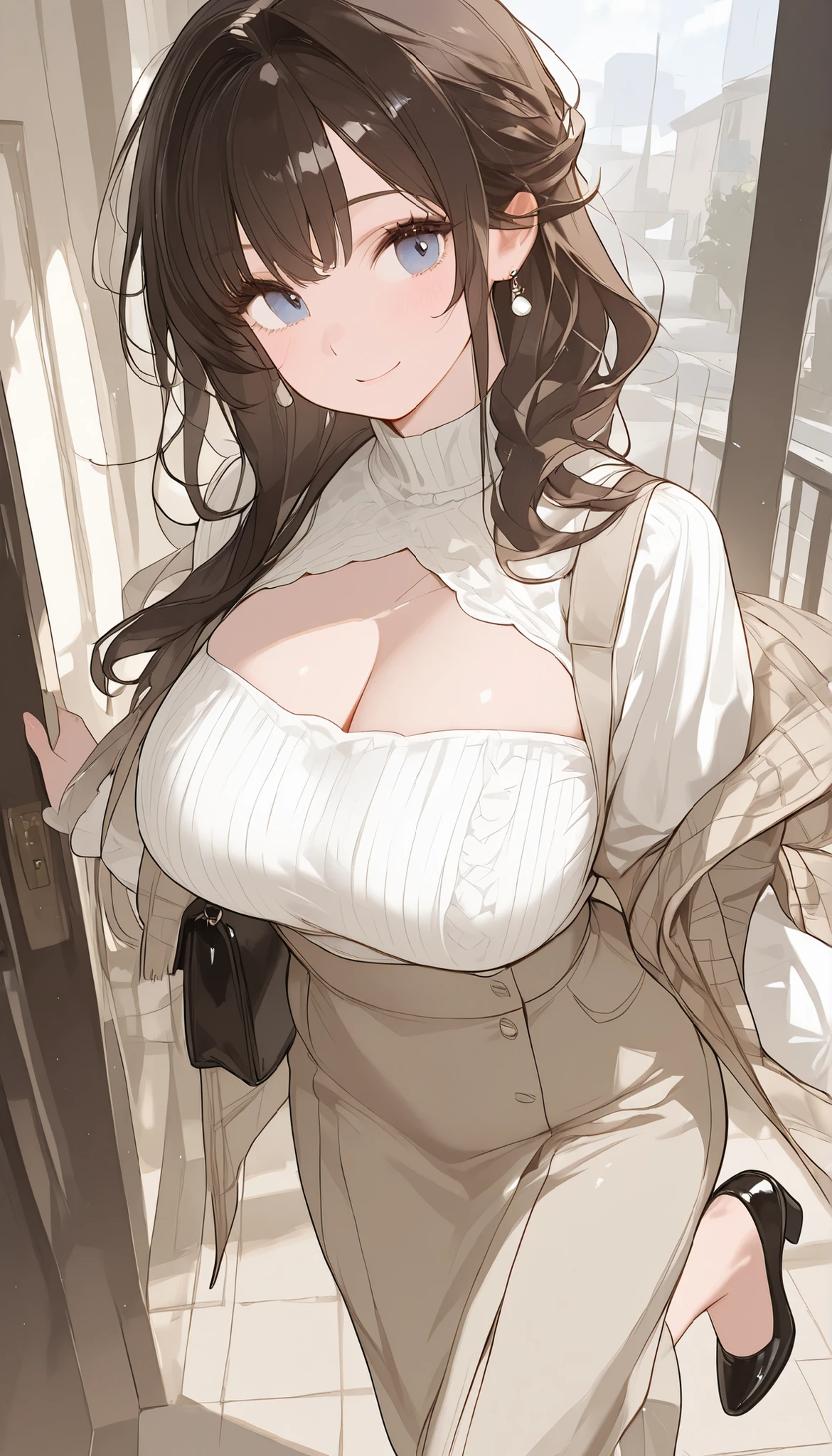 A girl with extremely large breasts,wearing attractive shoes that match the outfit, slightly muscled